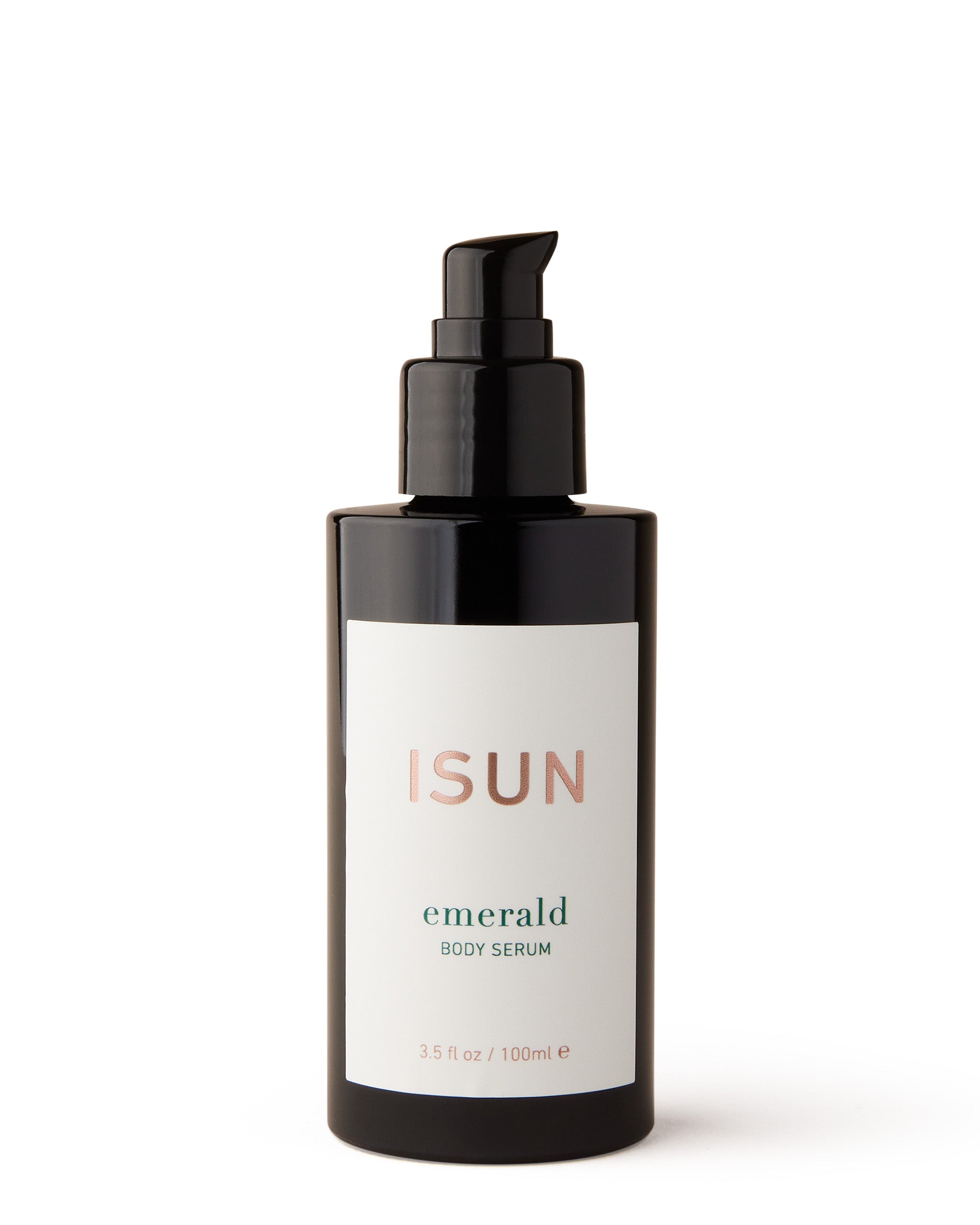 ISUN emerald body serum bottle on a white background