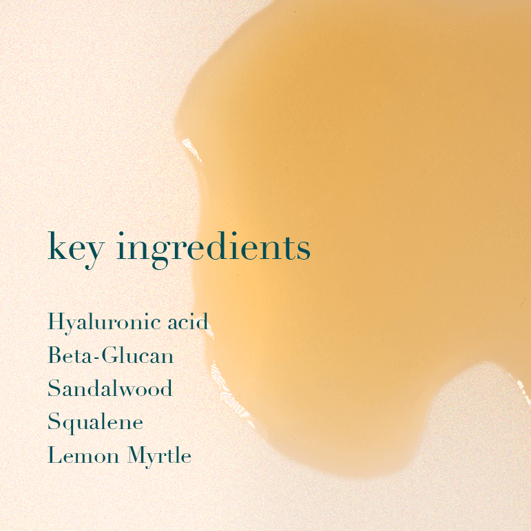 Product with a close-up of a yellowish liquid and text listing key ingredients on a beige background.
