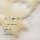 Close-up of a cream or lotion with text listing key ingredients on a light background
