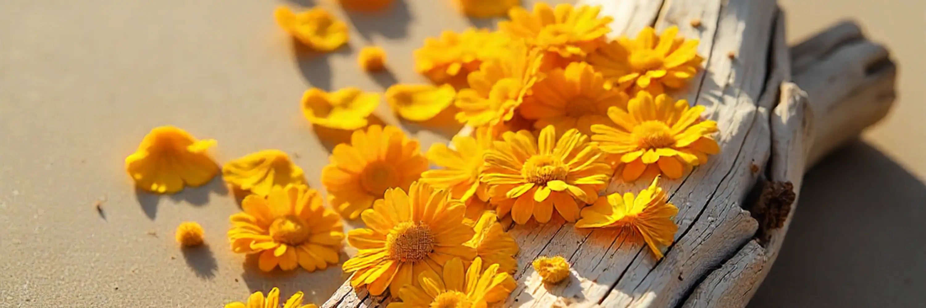 Yellow flowers on a wooden surface with a sandy background