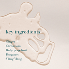 Text overlay on a beige background with 'key ingredients' and a liquid pattern.