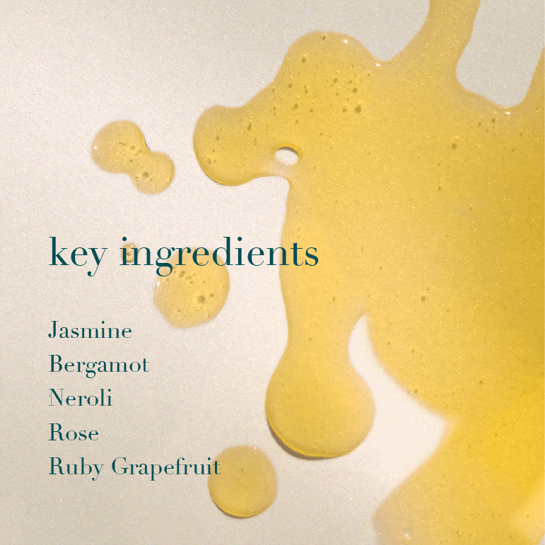 Yellow liquid splashes with text listing key ingredients on a light background