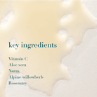 List of key ingredients on a beige background with a close-up of skin texture.