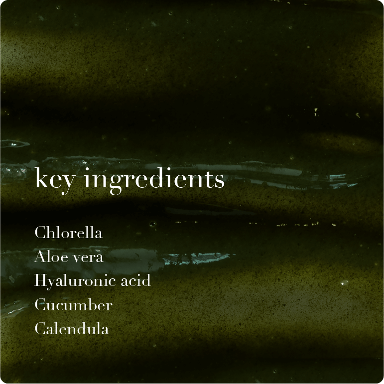 Text overlay on a dark background listing key ingredients with a green gel product image.