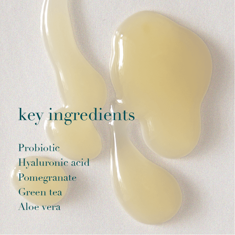 Gel-like substance with text listing key ingredients on a light background