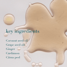 Key ingredients of a skincare product with liquid droplets on a light background