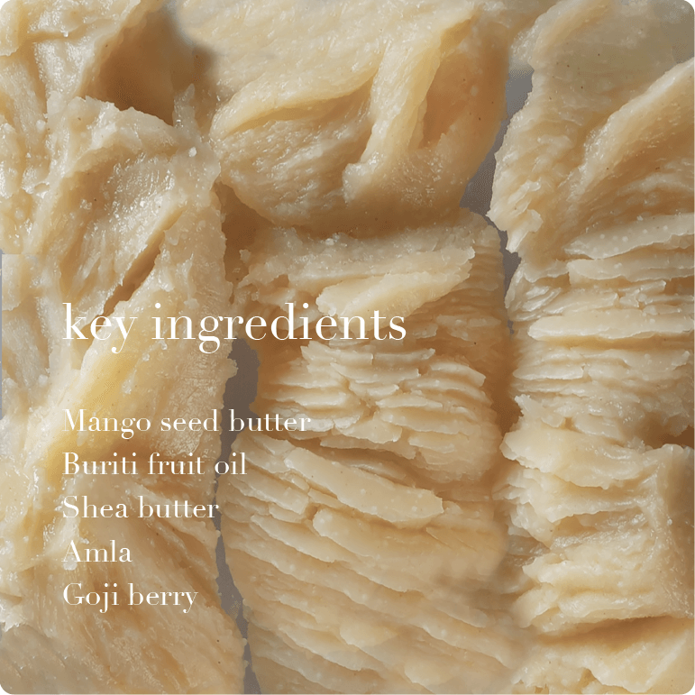 Close-up of a natural product with text listing key ingredients on a beige background