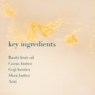 List of key ingredients on a beige background with abstract yellow shapes