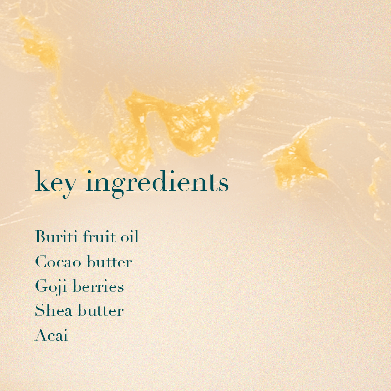 List of key ingredients on a beige background with abstract yellow shapes