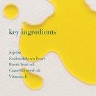 List of key ingredients for a skincare product with a yellow oil on a white background.