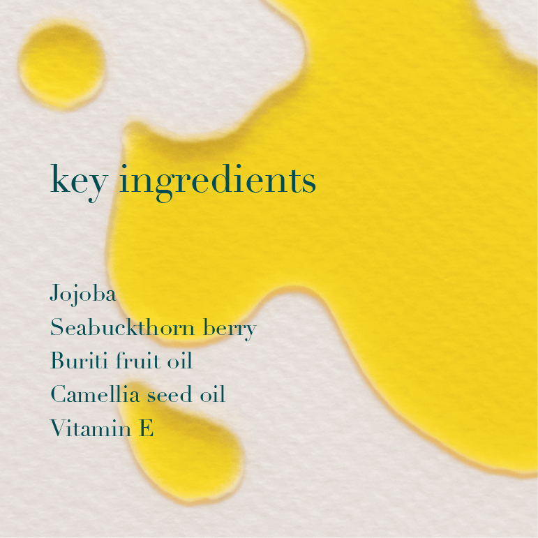 List of key ingredients for a skincare product with a yellow oil on a white background.