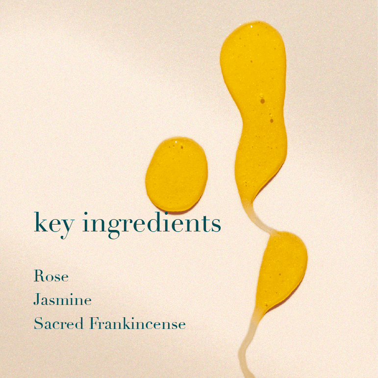 Three yellow abstract shapes on a beige background with text 'key ingredients' and a list of scents.
