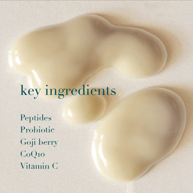 Cream with text listing key ingredients on a light background