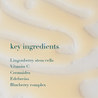 Product with text overlay listing key ingredients on a blurred background
