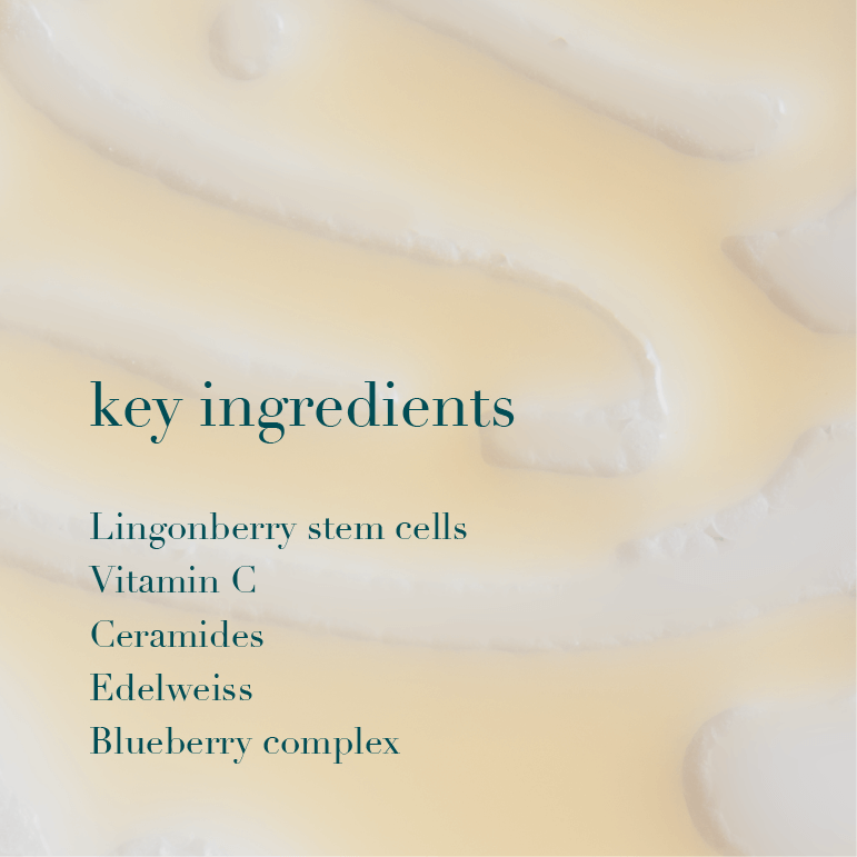 Product with text overlay listing key ingredients on a blurred background
