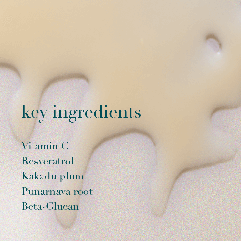 Text overlay of key ingredients on a beige background