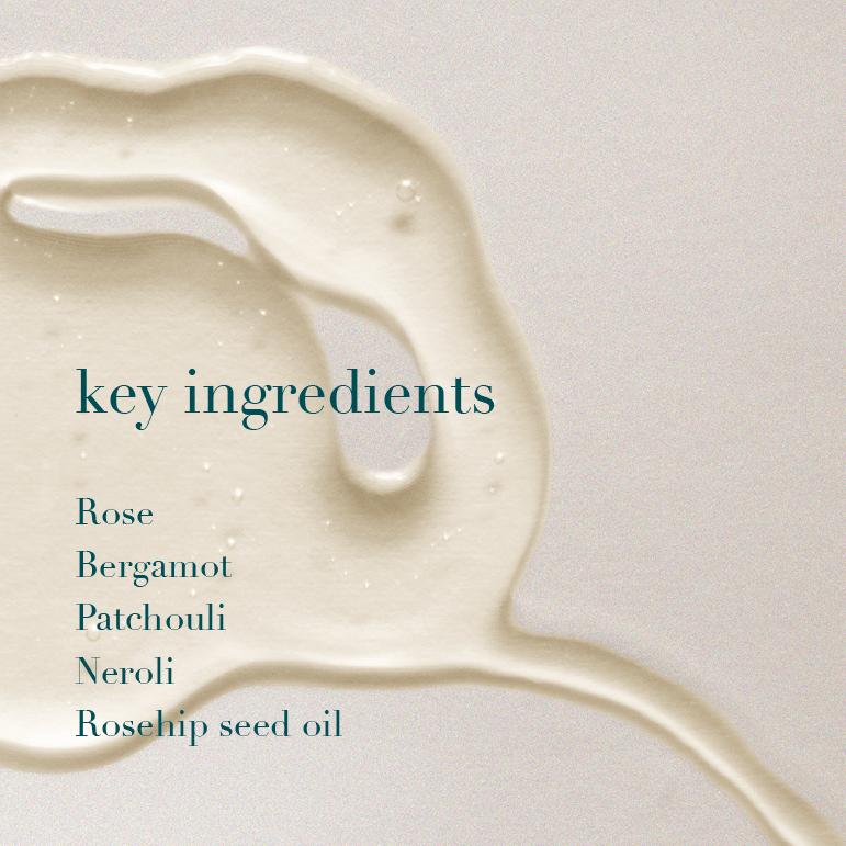 Liquid ingredient with text listing key ingredients on a light background