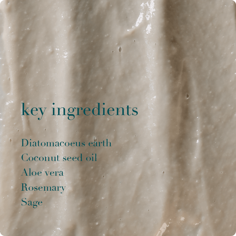 Close-up of a beige cosmetic product with text listing key ingredients on a beige background