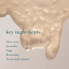 Product with aloe vera, lavender, sage, rosemary, and neem leaf extract listed as key ingredients on a light background.