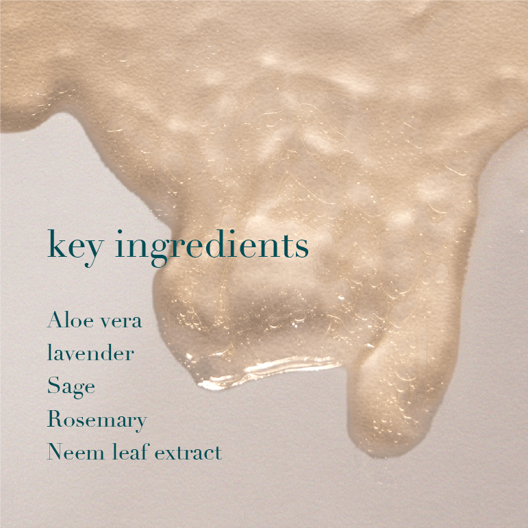 Product with aloe vera, lavender, sage, rosemary, and neem leaf extract listed as key ingredients on a light background.