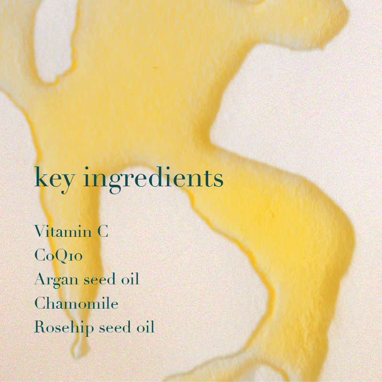 Product with a yellow and white design and text listing key ingredients on a beige background