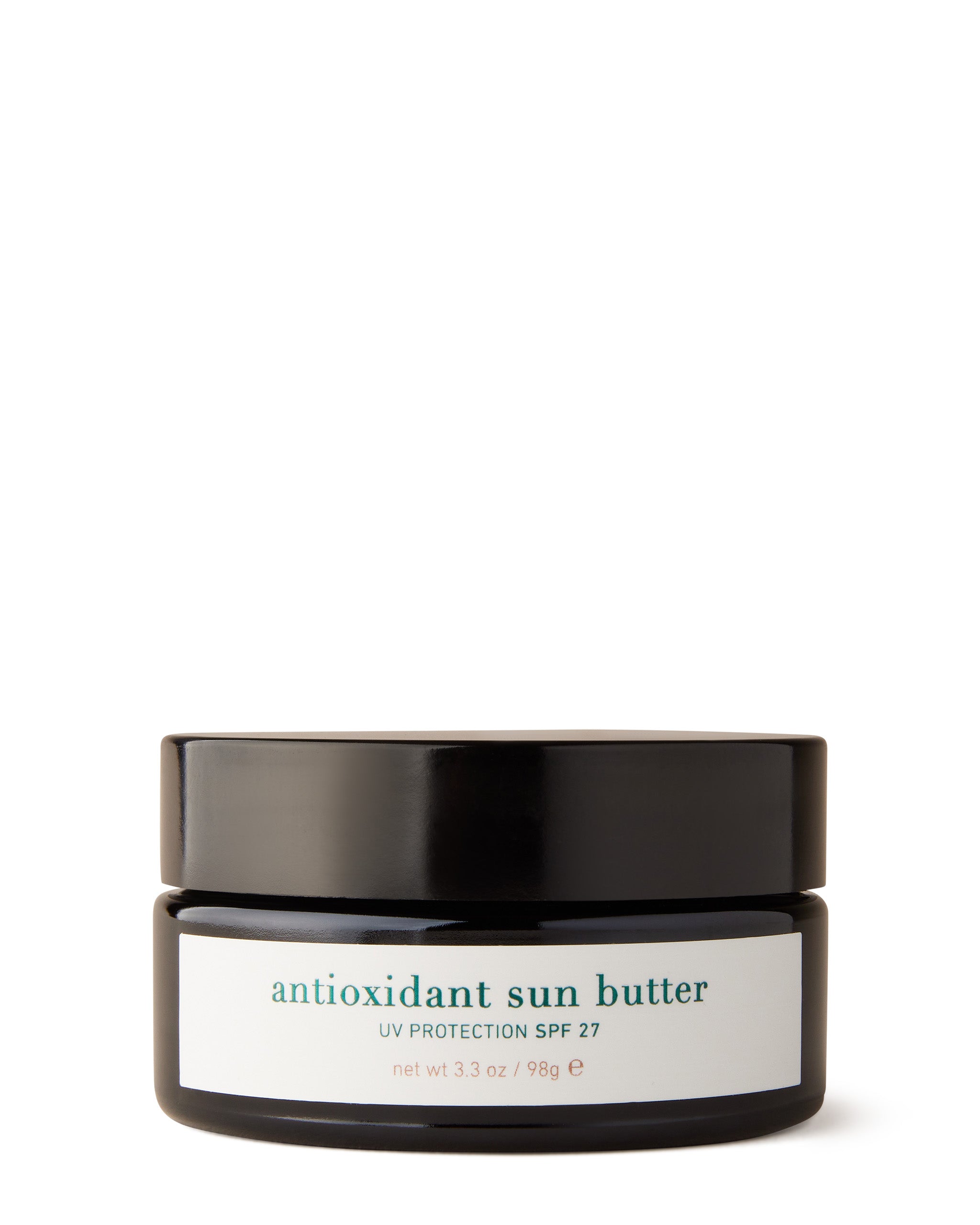 Jar of antioxidant sun butter with black lid on a white background