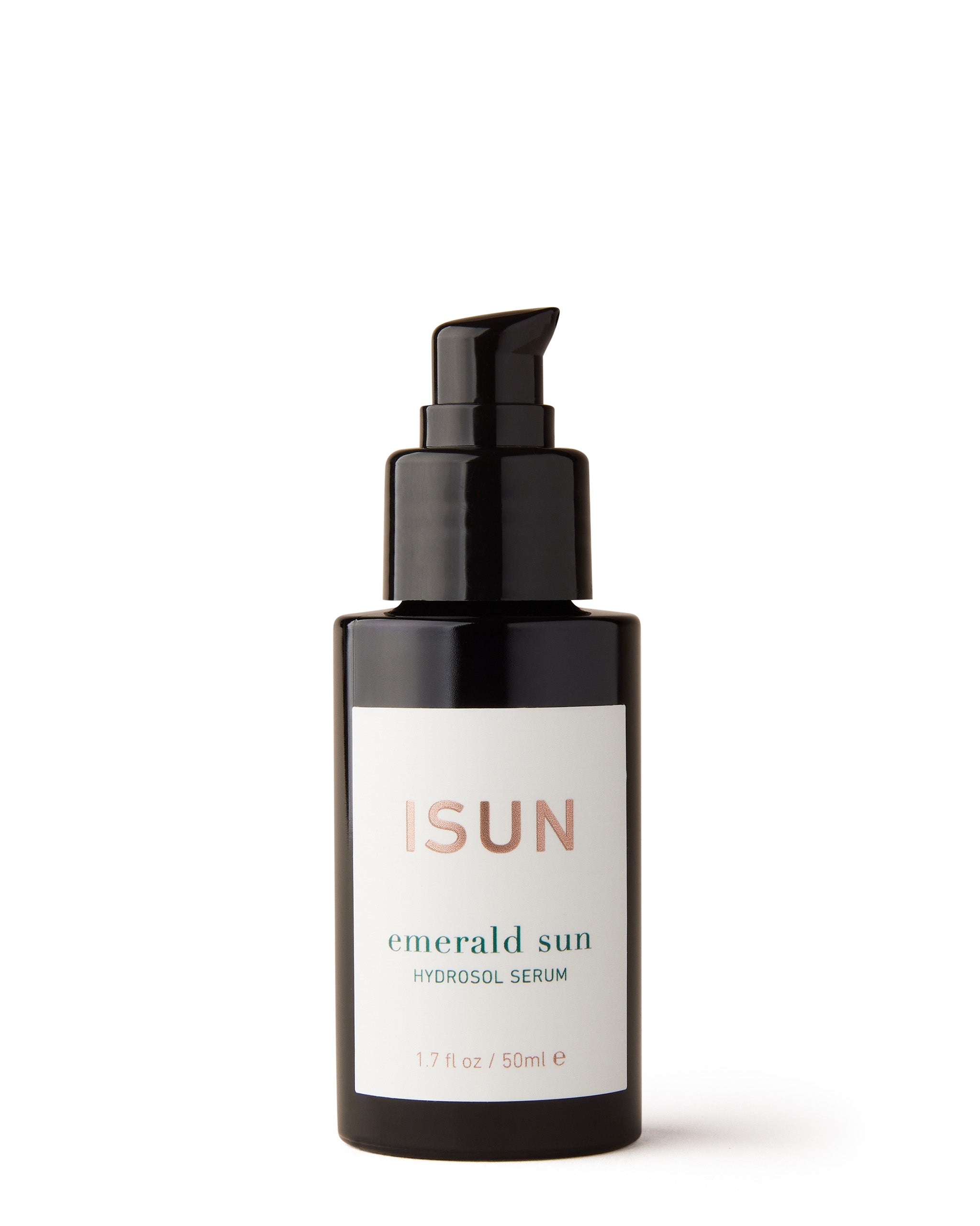 Black serum bottle with 'ISUN' label on a white background